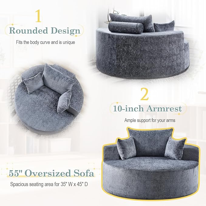 Oversized Round Chaise Longue Chair Indoor, Modern 55-inch Upholstered Chenille - Image 5