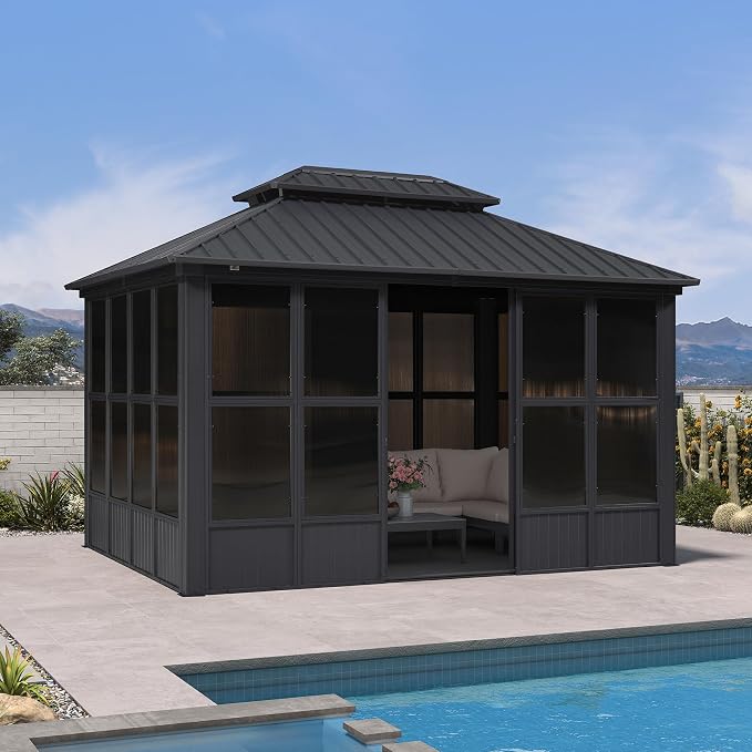 PURPLE LEAF 10' X 13' Outdoor Solarium Permanent Hardtop Screened Gazebo - Image 2