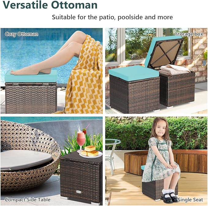 Tangkula 2 Pieces Patio Ottomans, Patiojoy Hand-Woven PE Rattan Side Table - Image 6