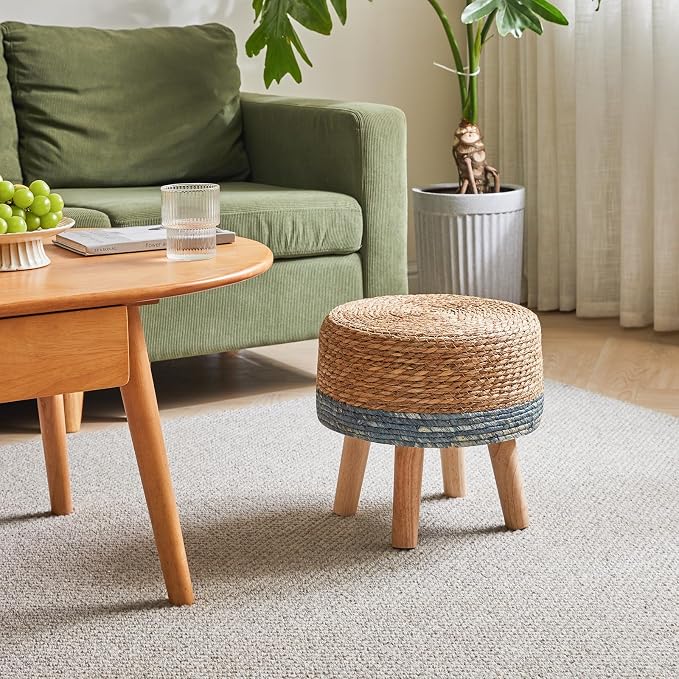 YMYNY Foot Stool Natural Seagrass Hand Weave, 12.6" Small Ottoman, Round - Image 2
