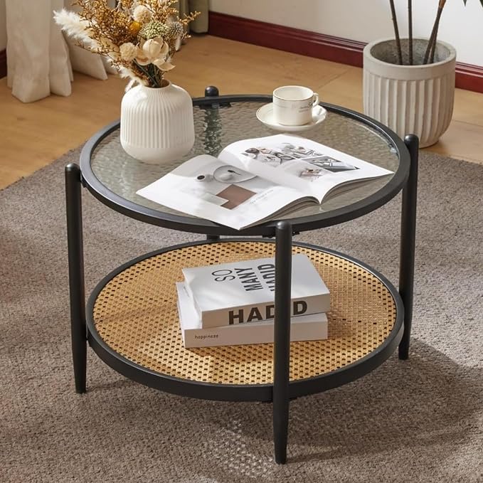 VINGLI 25.6" Black Rattan Modern Coffee Table - Image 3