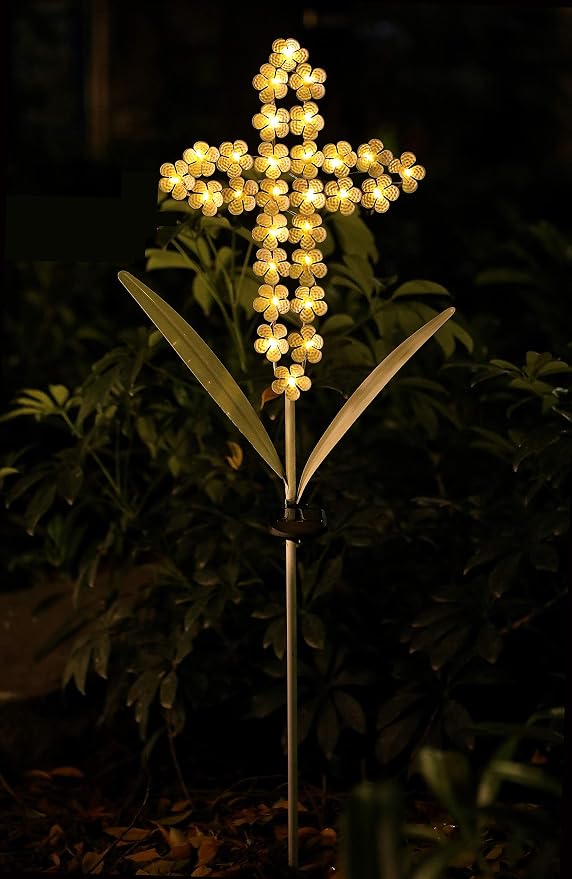White Cross Garden Stake Solar Lights Metal Hydrangea Cross Stake Memorial Gift - Image 4