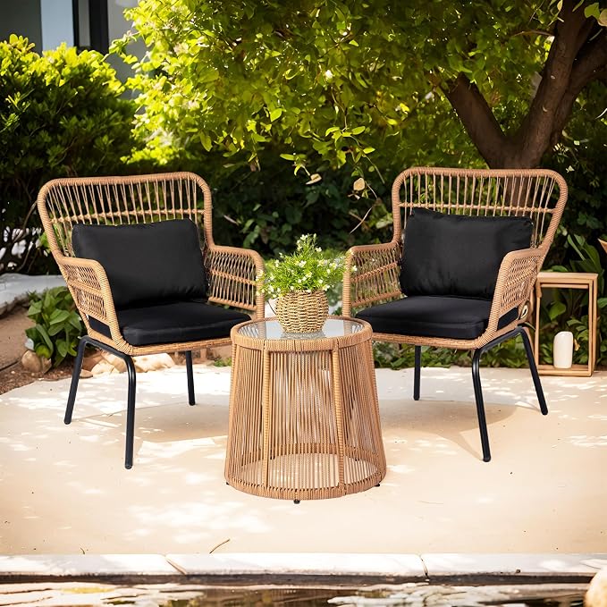 3 Piece Outdoor Wicker Furniture Bistro Set, Rattan Chairs Conversation Sets - Image 7