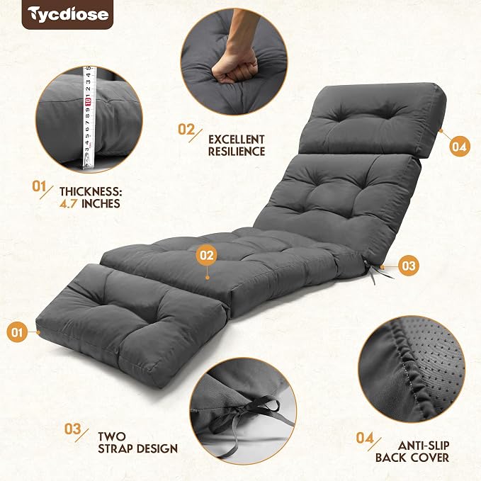 Outdoor Chaise Lounge Chair Cushion Waterproof 74.4 x 22 x 4.7 Inches Memory - Image 5