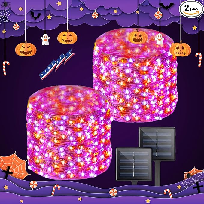 Purple and Orange Halloween Solar String Lights Outdoor, 2 Pack 80FT 200LED by BHCLIGHT
