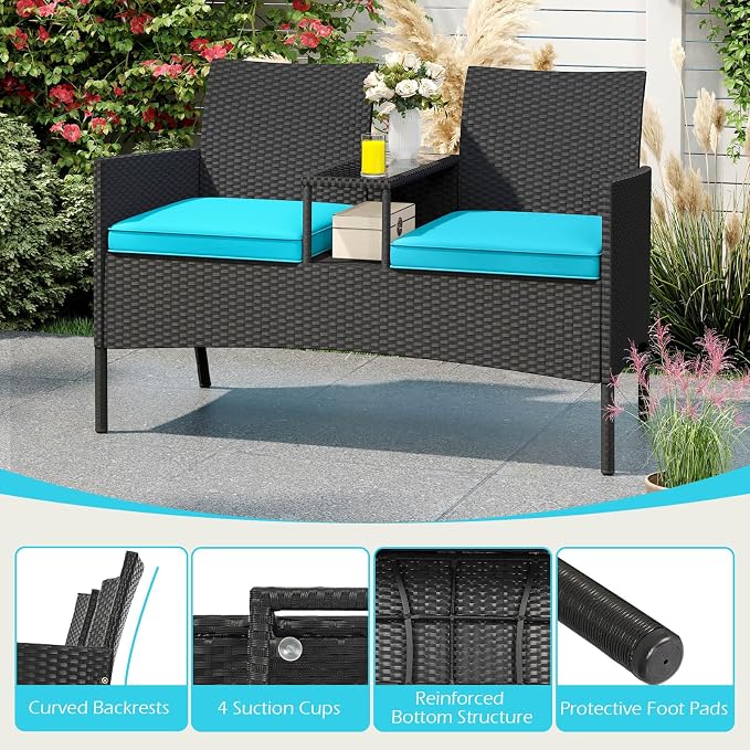 Tangkula Patio Loveseat with Built-in Table, Wicker 2-Seat Furniture with Soft - Image 5