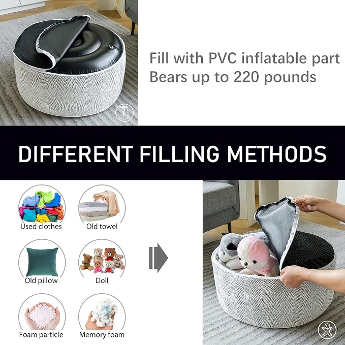 Inflatable Pouf Ottoman, 21x10 Inches Stuffed Chenille Ottoman - Image 6