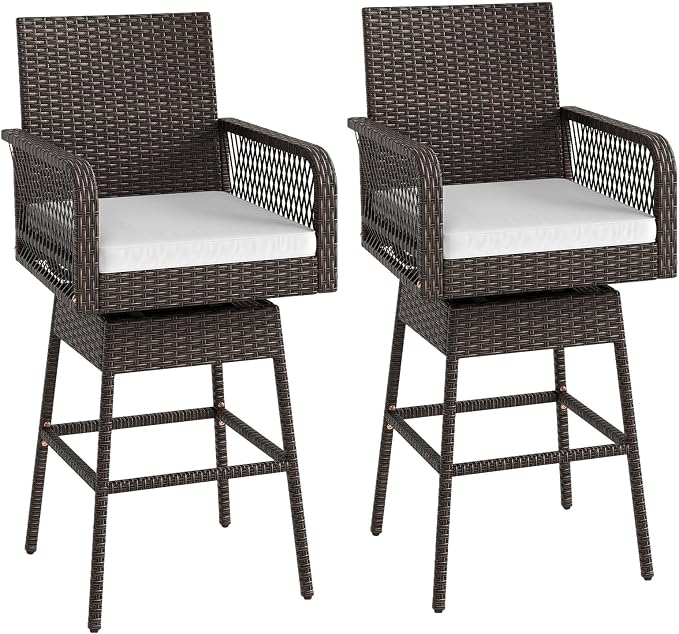ORALNER Outdoor Wicker Swivel Bar Stools Set of 2, Footrest & Seat Cushion by ORALNER
