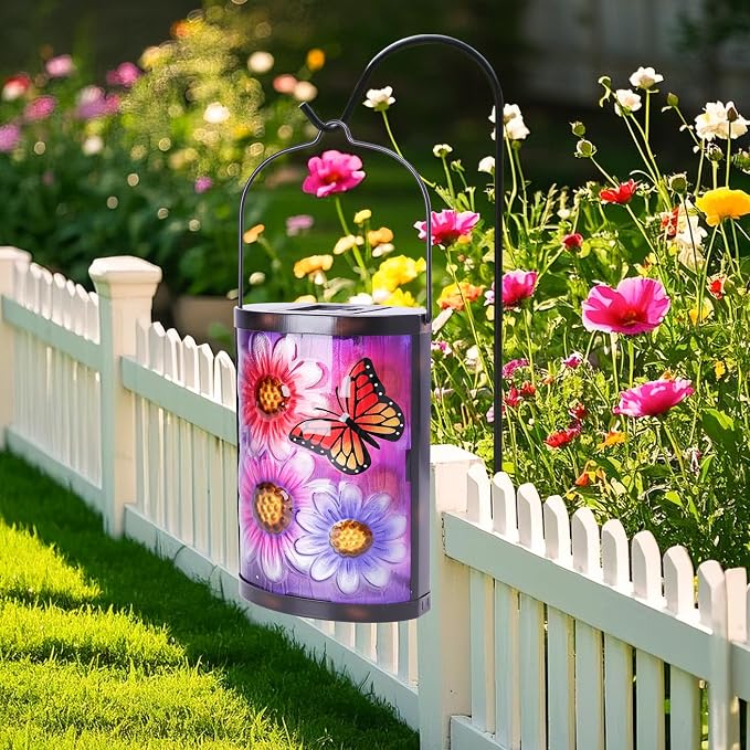 Hanging Solar Lantern Outdoor Waterproof Flowers Butterfly Solar Lights Glass - Image 5
