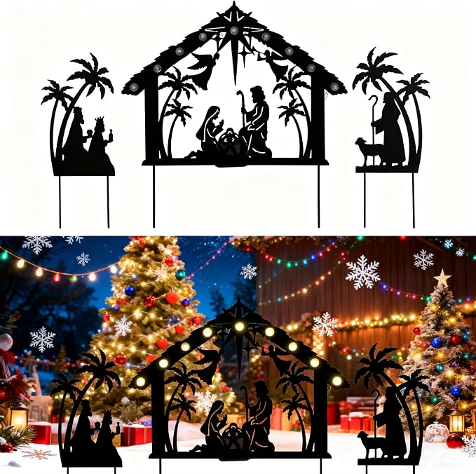 3Pack Lighted Metal Nativity Scene Garden Stake, Solar Christmas Decorations by Unknown