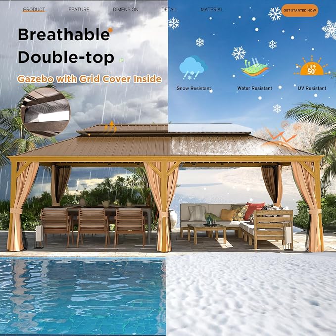EROMMY 14'x24' Hardtop Gazebo, Galvanized Steel Double Roof - Image 6