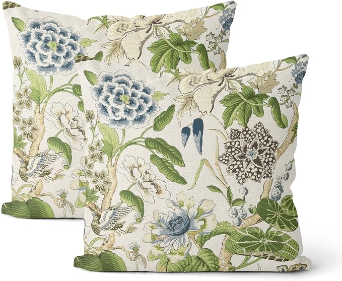 Sage Green Boho Pillow Covers 20x20 Inch 2 Pcs Blue Green Vintage Floral Bird by DAFENA