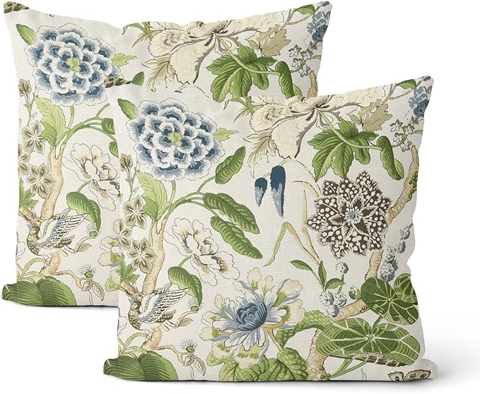 Sage Green Boho Pillow Covers 18x18 Inch 2 Pcs Blue Green Vintage Floral Bird by DAFENA