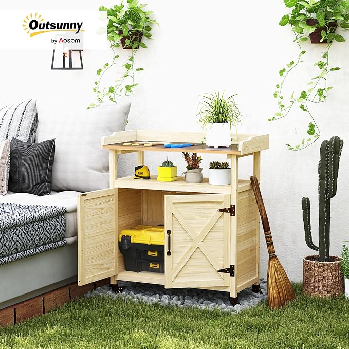 Outsunny Outdoor Wooden Potting Bench Table, Garden Workstation - Image 2