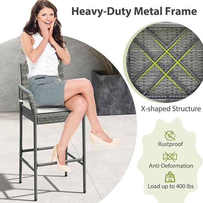 Tangkula Patio Wicker Barstools Set of 2, Outdoor PE Rattan Bar Chairs - Image 8