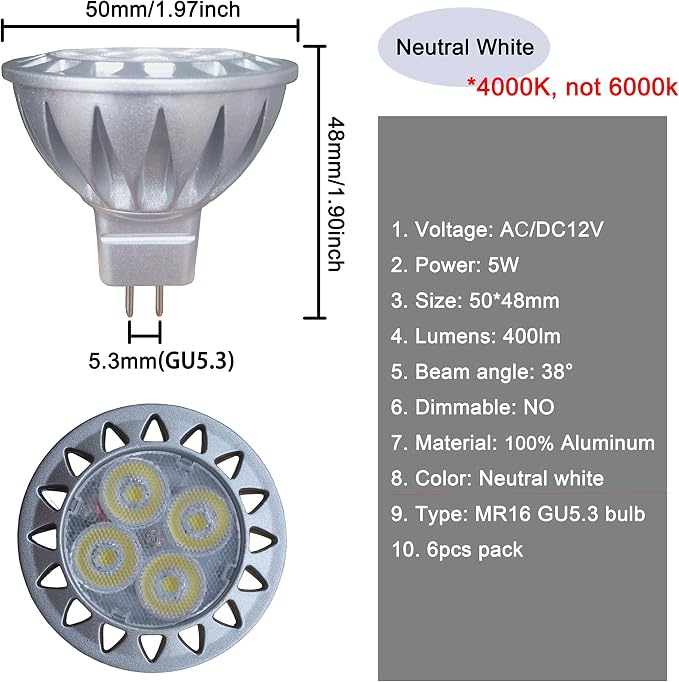 ALIDE MR16 GU5.3 Led Bulbs 5W 4000K Neutral/Natural White, 20W-35W Halogen - Image 3