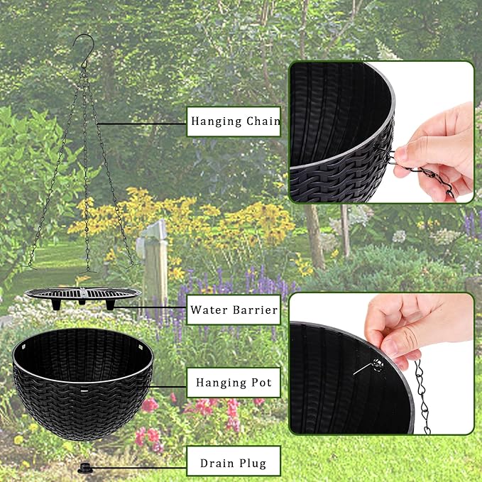 Foraineam 4 Pack Black Hanging Planters, 8.2 inch Hanging Flower Basket Planter - Image 4