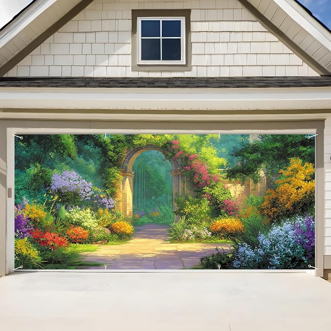 Spring Garden Archway Garage Door Banner 6x13FT, Colorful Flower Path Garage by ANNAQUEEN