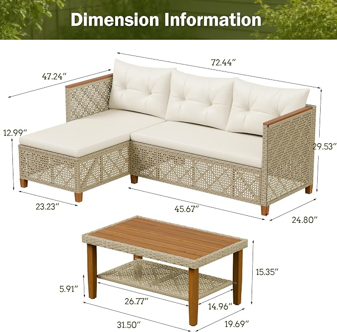 Devoko Patio Furniture Set 3 Piece Outdoor Sectional Sofa Hollow Rattan Patio - Image 2