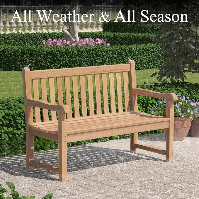 Teak Wood Outdoor Bench Set of 2, Weatherproof Garden Benches - Image 6