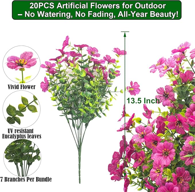 20 Bundles Artificial Flowers for Outdoors, UV Resistant Fake Plants Flowers - Image 2