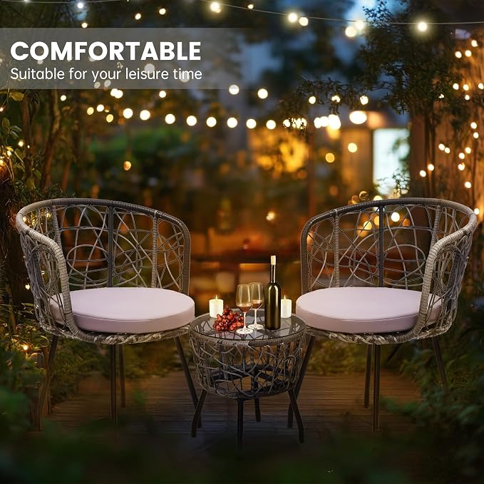 Kromax 3 Piece Bistro Set, Modern Outdoor Wicker Patio Furniture - Image 3