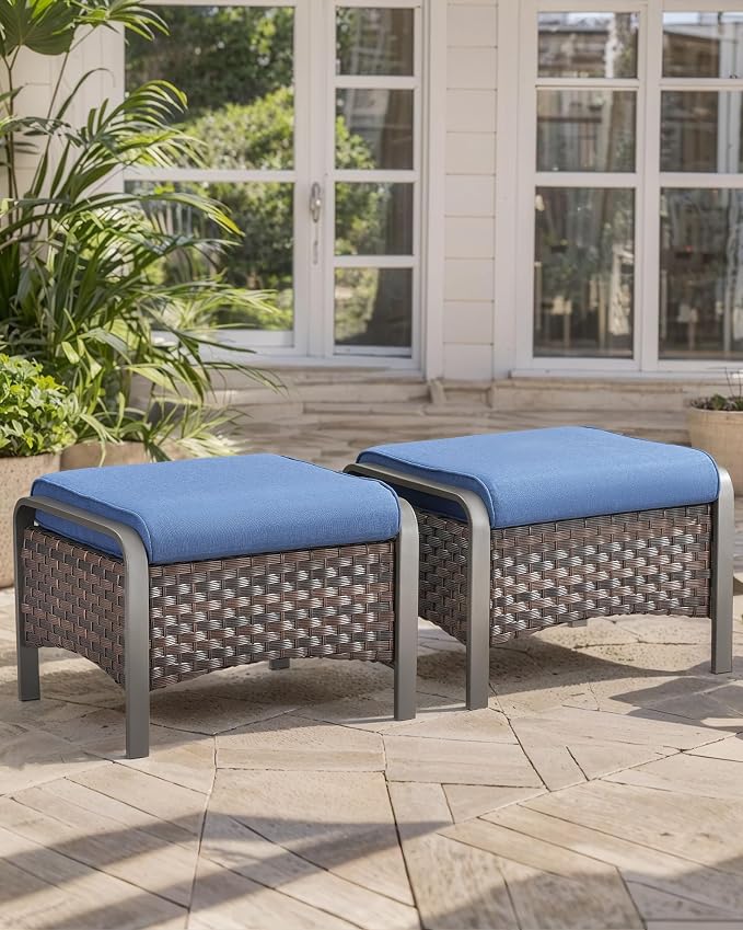HUMMUH 2 Pieces Outdoor Wicker Ottomans-Outdoor Patio Ottoman - Image 4