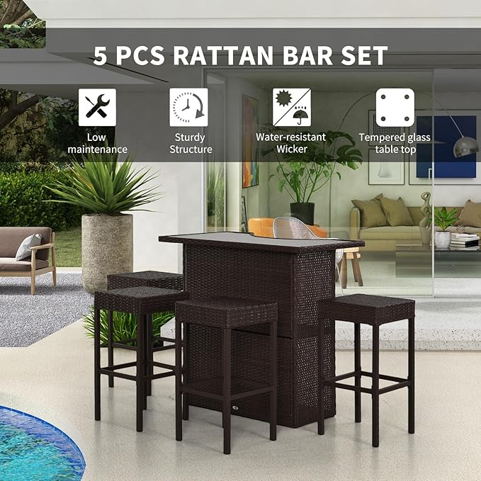Outsunny 5 Pcs Rattan Wicker Bar Set, High Top Outdoor Table and Chairs - Image 3