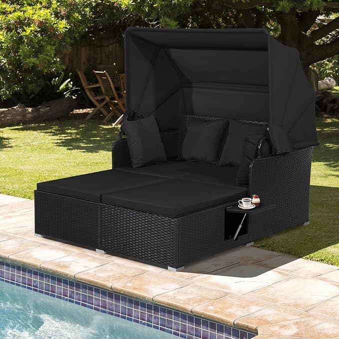 Moccha Outdoor Daybed with Retractable Canopy, Wicker Cabana with 2 Side Tables - Image 9