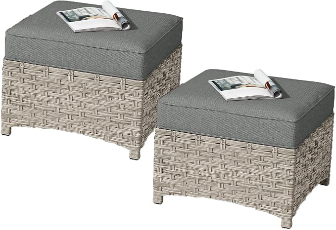 HOOOWOOO 2 Piece Patio Ottoman Set, Outdoor Wicker Ottomans, All Weather by DesignforBetterLife