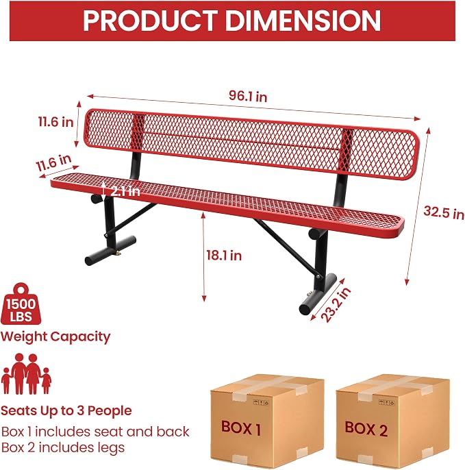 8 Feet Steel Park Bench for Outside, Outdoor Bench - Image 2