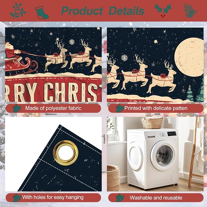 ANNA QUEEN Christmas Garage Door Banner 6×13 FT, Retro Santa Sleigh & Merry - Image 4
