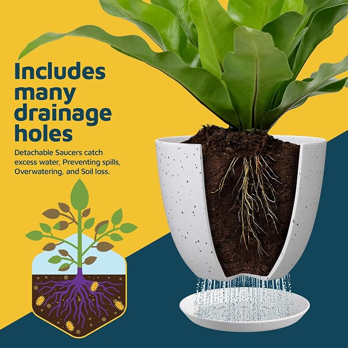 White Gray Plant Pots with Drainage Holes & Saucers 5 Pack, Indoor & Outdoor - Image 6