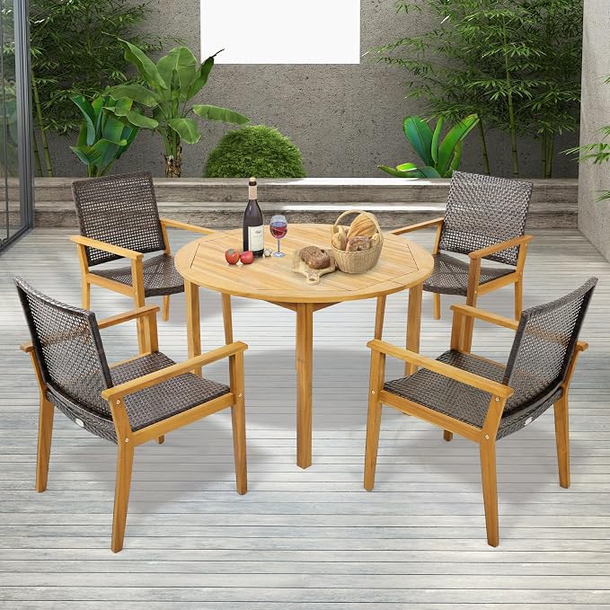 Tangkula 5 Pieces Patio Dining Set, 4 Patio Wicker Armchairs and Round Acacia - Image 2