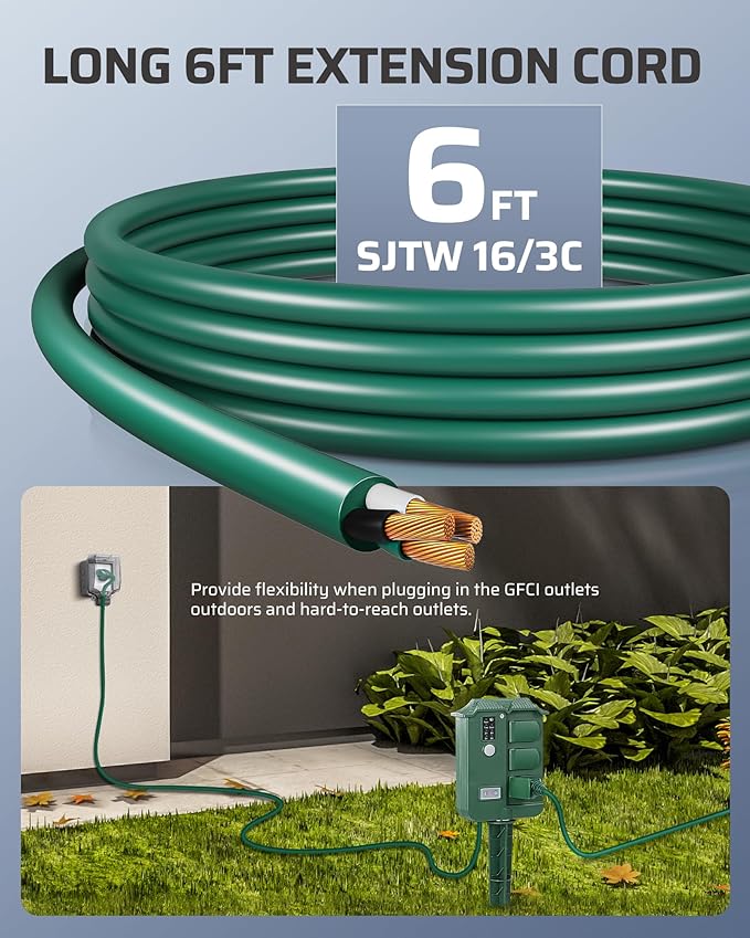 DEWENWILS Outdoor Power Stake Timer Waterproof, 6 Grounded Outlets, 6FT - Image 5