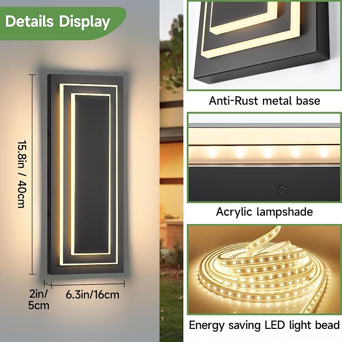 2-Tier Outdoor Front Porch Light Fixtures, Modern Black Outdoor Wall Sconce - Image 6