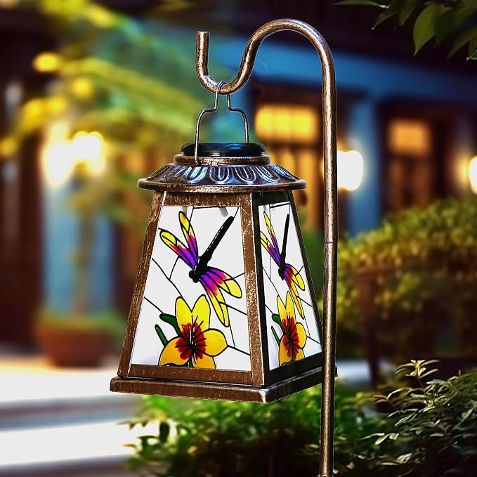 Dragonfly Solar Lantern with Shepherd Hook, Outdoor Hanging Metal LED Garden - Image 2