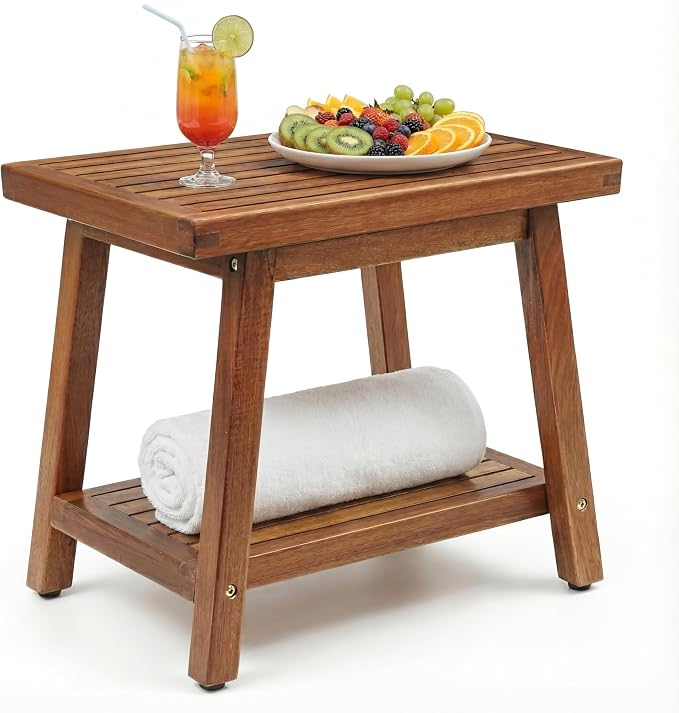 ENKEZI Small Acacia 16 Inches Outdoor Side Table, 2-Tier Sturdy Patio, End by ENKEZIProducts