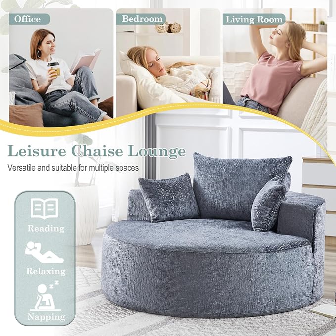 Oversized Round Chaise Longue Chair Indoor, Modern 55-inch Upholstered Chenille - Image 8