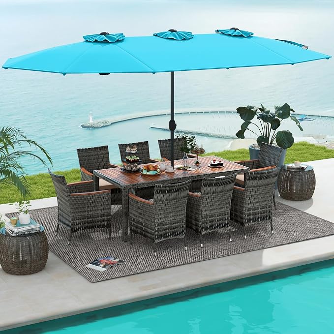 Tangkula 10 Pieces Patio Wicker Dining Set w/Double-Sided Patio Umbrella by TANGKULA