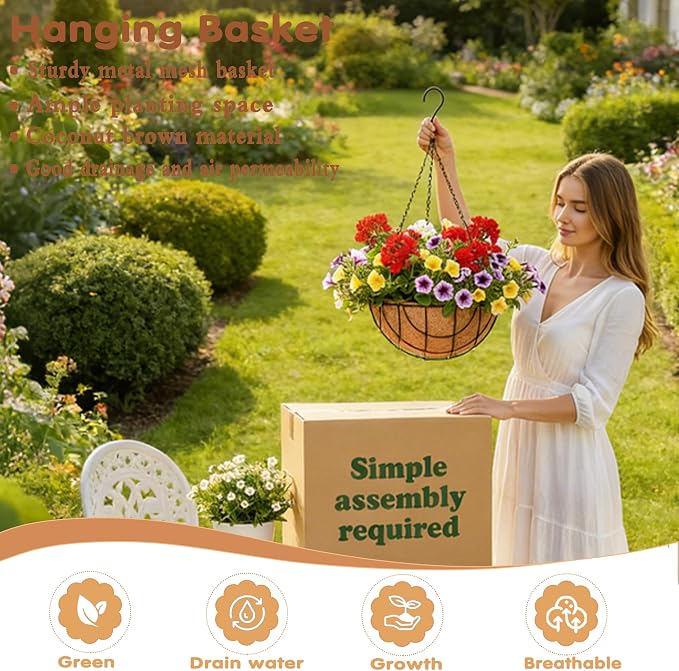 Metal Hanging Baskets for Plants Outdoor 4 Pack Round Metal Wire Hanging Basket - Image 2