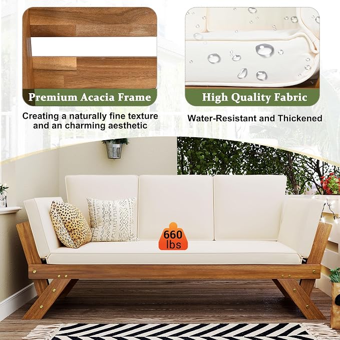Merax Patio Sofa, Outdoor Adjustable Wooden Daybed, Chaise Lounge - Image 4