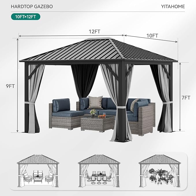 YITAHOME 10'X12' Single Hardtop Gazebo Metal Outdoor Patio Galvanized Iron - Image 8