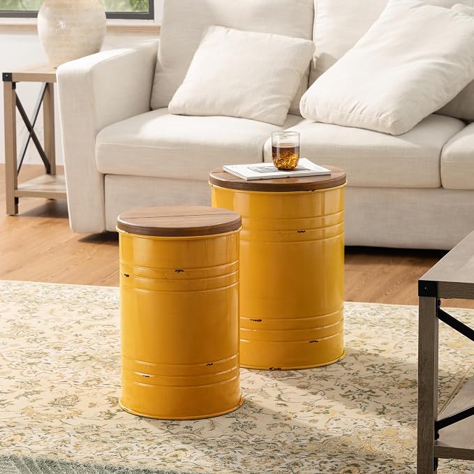 Glitzhome Rustic End Table Set of 2, Farmhouse Galvanized Metal Barrel Ottoman by Glitzhome