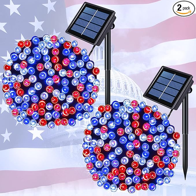 JMEXSUSS 2 Pack Red White and Blue Solar Lights 100LED 33ft Patriot Solar by JMEXSUSS