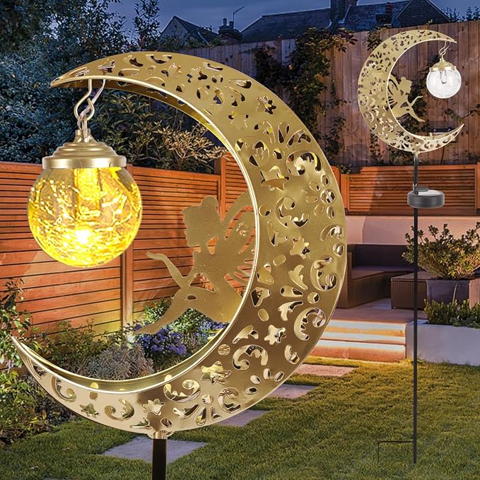 Solar Lights Outdoor Waterproof Fairy Moon Crackle Glass Lights by QOCNAM