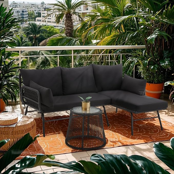 Bezseller 3-Piece Outdoor Patio Furniture Set – L-Shaped Rattan Sectional Sofa by Bezseller