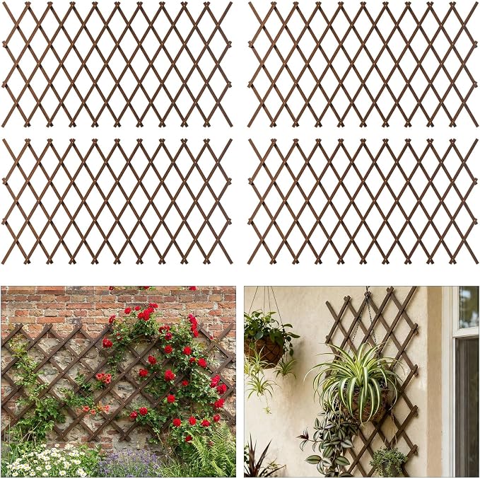 4 PCS Expandable Garden Trellis, Wooden Lattice Fence Wall Panel Lattice Panels by Tilinyanone
