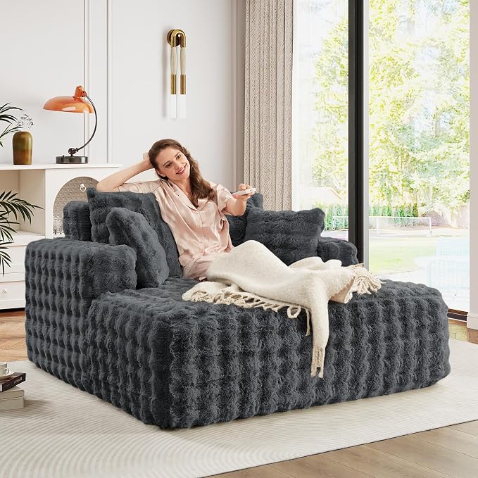 56" W Oversized Chaise Lounge Chair Indoor, Plush Faux Fur Sleeper Couch Sofa - Image 5