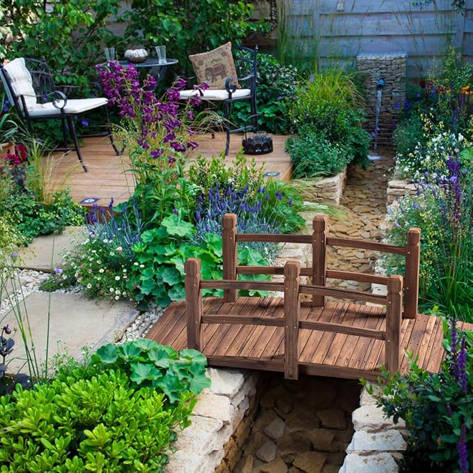 Giantex 5 FT Wooden Garden Bridge, Stained Wood Arc Footbridge - Image 6